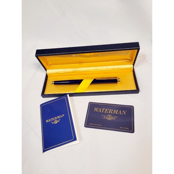 Waterman BLUE Fountain Pen Medium Nib with Black Box and papers